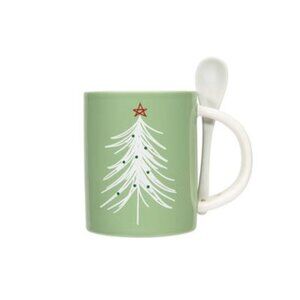 Ceramic Stoneware Green Holiday Tree Mug with Spoon 16 Oz.
